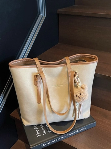 Bolso Tote de Cuero PU de Gran Capacidad para Mujer Bolso de Hombro Minimalista Vintage con Colgante de Oso Color Sólido