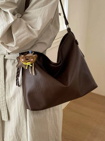 PU Leather Large Hobo Bag For Women Casual Retro Tote Bag With Bear Pendant Minimalist Daily Commuting Shoulder Handbag