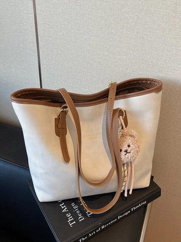 Bolso Tote de Cuero PU de Gran Capacidad para Mujer Bolso de Hombro Minimalista Vintage con Colgante de Oso Color Sólido