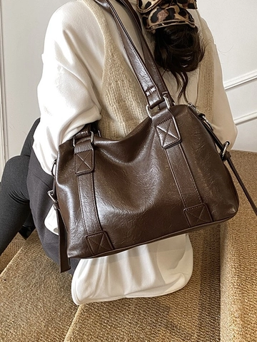 Bolso Tote de Cuero PU Minimalista Vintage Bolso de Hombro de Gran Capacidad Con Costuras para Mujer Trabajo Diario Oficina