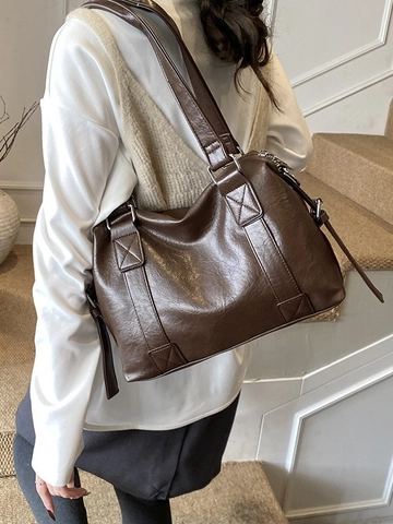 Bolso Tote de Cuero PU Minimalista Vintage Bolso de Hombro de Gran Capacidad Con Costuras para Mujer Trabajo Diario Oficina
