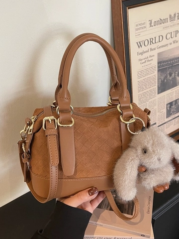 Borsa Boston Intrecciata Vintage da Donna in Pelle PU Retro Pendolare Borsa a Tracolla Con Ciondolo a Coniglio Cartella a Mano