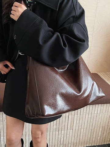 Borsa a Spalla da Donna Minimalista Grande Capacità in Pelle PU Lucida Rugosa Borsa Hobo Vintage Tote Handbag Quotidiana Casual