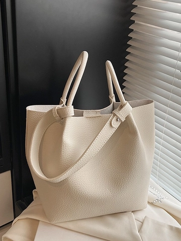 Borsa a Secchiello da Donna in Pelle PU Retro Motivo Litchi Cuciture Borsa a Tracolla Minimalista Pendolare Quotidiana