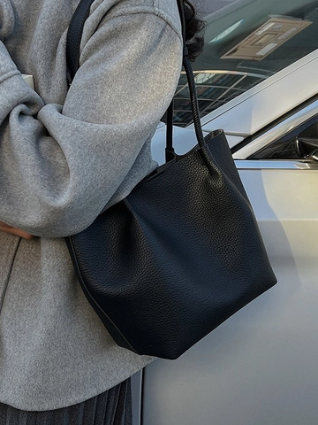 Borsa a Secchiello da Donna in Pelle PU Retro Motivo Litchi Cuciture Borsa a Tracolla Minimalista Pendolare Quotidiana