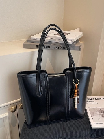 Women Large Capacity PU Leather Tote Bag Minimalist Solid Color Shoulder Bag With Wooden Bead Charm Daily Commuting Bag