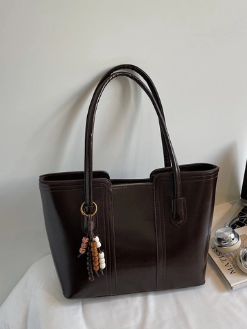 Women Large Capacity PU Leather Tote Bag Minimalist Solid Color Shoulder Bag With Wooden Bead Charm Daily Commuting Bag