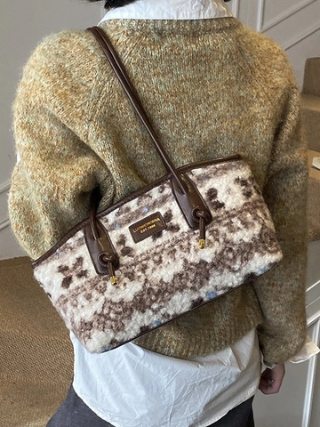 Borsa Sottobraccio in Peluche da Donna alla Moda con Motivo Geometrico Vintage Cinturino in Pelle PU Grande Capacità Borsa a Tracolla Tote per Pendolari