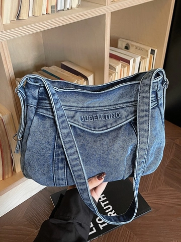 Bolso de Mano de Denim Lavado Vintage Gran Capacidad Bolso de Hombro para Viaje Diario Con Bordado de Letras Bolso Hobo