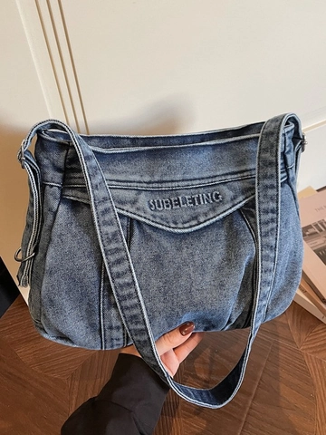 Bolso de Mano de Denim Lavado Vintage Gran Capacidad Bolso de Hombro para Viaje Diario Con Bordado de Letras Bolso Hobo