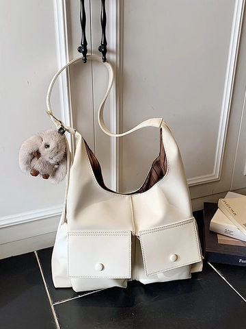 Borsa Tote in Pelle PU da Donna Grande Capacità Borsa a Spalla Hobo Vintage Pendolare con Tasche Cargo e Ciondolo a Coniglio