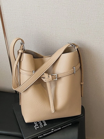 Damen PU Leder Eimertasche Große Kapazität Urban Minimalistisch Litschi Muster Pendeln Schultertasche Mit Metallschnalle