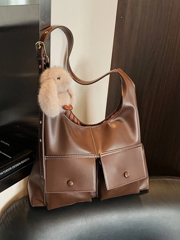 Borsa Tote in Pelle PU da Donna Grande Capacità Borsa a Spalla Hobo Vintage Pendolare con Tasche Cargo e Ciondolo a Coniglio
