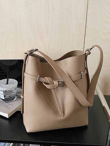 Damen PU Leder Eimertasche Große Kapazität Urban Minimalistisch Litschi Muster Pendeln Schultertasche Mit Metallschnalle