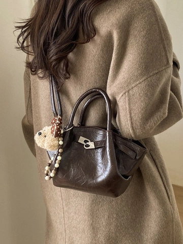 Women Retro Glossy PU Leather Tote Bag Fashion Shoulder Crossbody Handbag With Plush Bear Charm Solid Color Daily Purse