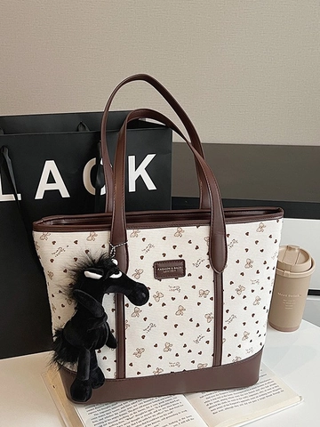 Women Vintage Bow Heart Print Tote Bag PU Leather Splicing Large Capacity Shoulder Bag With Plush Horse Pendant Handbag