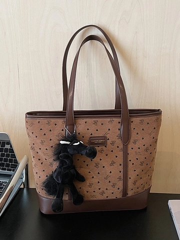 Women Vintage Bow Heart Print Tote Bag PU Leather Splicing Large Capacity Shoulder Bag With Plush Horse Pendant Handbag