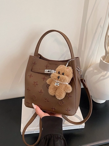 Borsa a Secchiello da Donna in Pelle PU Retro con Motivo Floreale a Stella a Tracolla con Ciondolo a Orsetto Borsa a Mano