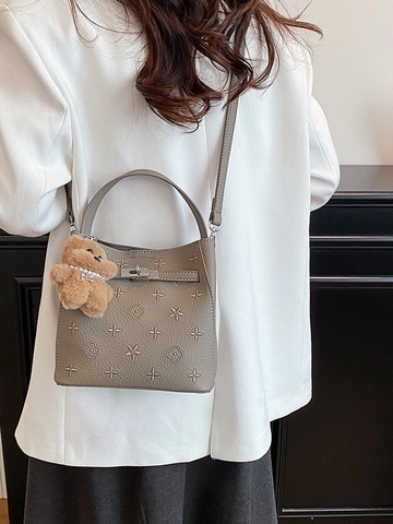 Borsa a Secchiello da Donna in Pelle PU Retro con Motivo Floreale a Stella a Tracolla con Ciondolo a Orsetto Borsa a Mano