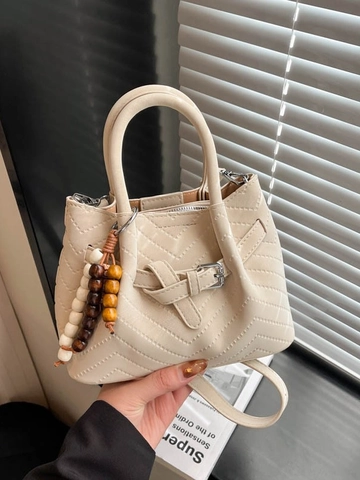 Borsa a Mano da Donna in Pelle PU con Impunture a V e Tracolla Con Ciondolo in Perline Borsa Retro con Manico Superiore