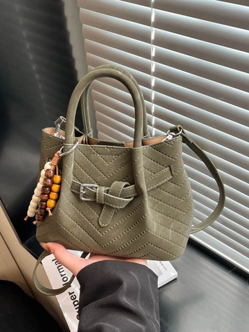 Borsa a Mano da Donna in Pelle PU con Impunture a V e Tracolla Con Ciondolo in Perline Borsa Retro con Manico Superiore