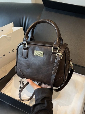 Bolso Boston Retro de Cuero PU para Mujer Elegante Bolso de Mano de Color Sólido Herrajes Dorados Correa Ajustable Bandolera