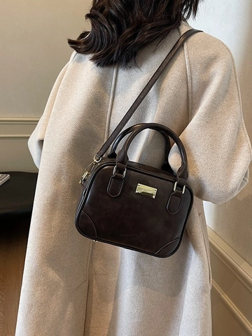 Bolso Boston Retro de Cuero PU para Mujer Elegante Bolso de Mano de Color Sólido Herrajes Dorados Correa Ajustable Bandolera
