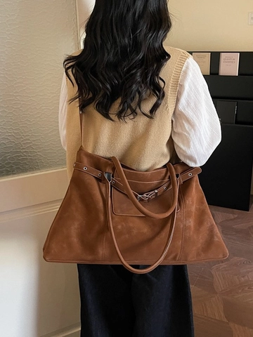 Borsa Tote Vintage di Grande Capacità da Donna Borsa a Tracolla in Pelle PU Opaca Con Fibbia in Cintura Minimalista
