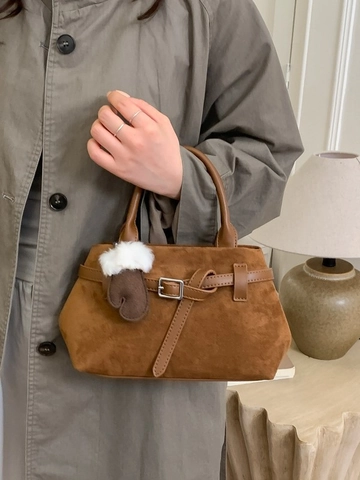 Sac à Épaule en PU Style Daim Vintage pour Femme Sac à Main Fourre-tout Minimaliste avec Pendentif Gant en Peluche
