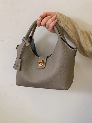 Damen Minimalistische PU-Leder Umhängetasche Mit Litchi-Textur Retro Eimertasche Goldener Schlossverschluss Kontrastnähte Modetasche