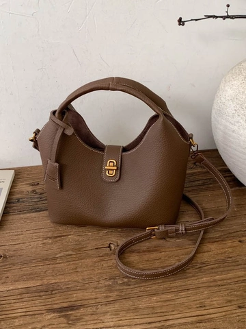 Damen Minimalistische PU-Leder Umhängetasche Mit Litchi-Textur Retro Eimertasche Goldener Schlossverschluss Kontrastnähte Modetasche