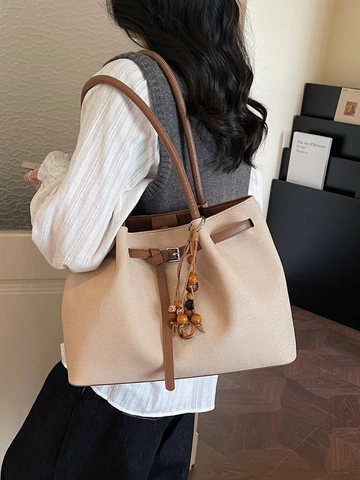 Large Capacity PU Leather Tote Bag For Women Casual Solid Color Shoulder Bag With Bead Pendant Stitching Detail Commuter Handbag