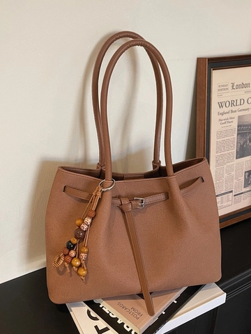 Large Capacity PU Leather Tote Bag For Women Casual Solid Color Shoulder Bag With Bead Pendant Stitching Detail Commuter Handbag