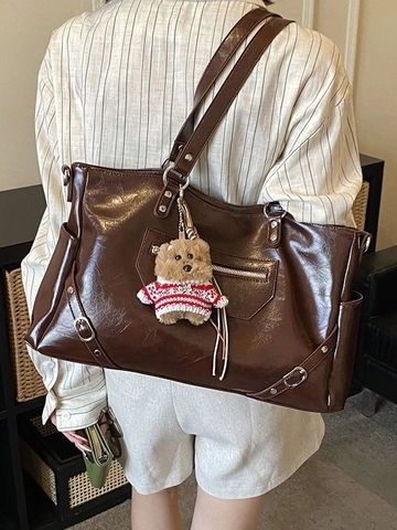 Vintage PU Leather Tote Bag Large Capacity Minimalist Shoulder Bag With Rivet Stitching Details For Women Commuter Work
