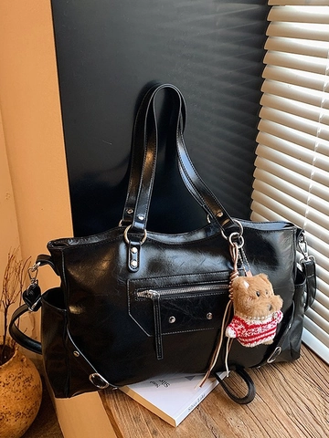 Vintage PU Leather Tote Bag Large Capacity Minimalist Shoulder Bag With Rivet Stitching Details For Women Commuter Work