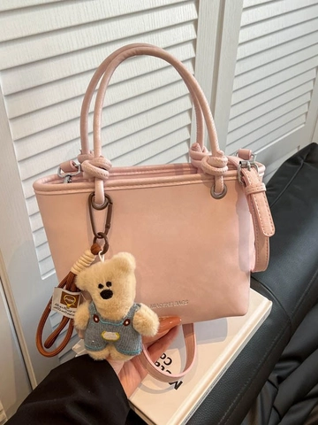 Koreanischer Stil PU Leder Eimertasche Für Damen Mit Knotengriff Und Bärenanhänger Mode Umhängetasche Handtasche