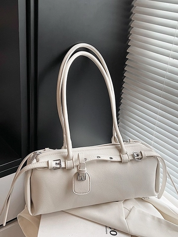 Retro Punk PU Lederen Baguette Tas Voor Dames Stijlvolle Riem Decor Schoudertas Cilinder Okseltas Dagelijks Reizen Portemonnee