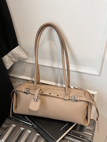 Retro Punk PU Lederen Baguette Tas Voor Dames Stijlvolle Riem Decor Schoudertas Cilinder Okseltas Dagelijks Reizen Portemonnee