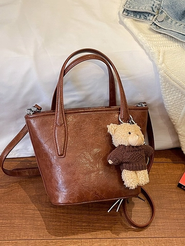 Bolso de Cubo de Cuero PU Vintage para Mujer Bolso de Mano de Textura de Cera Retro con Colgante de Oso Bolso de Hombro Diario