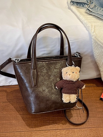Bolso de Cubo de Cuero PU Vintage para Mujer Bolso de Mano de Textura de Cera Retro con Colgante de Oso Bolso de Hombro Diario