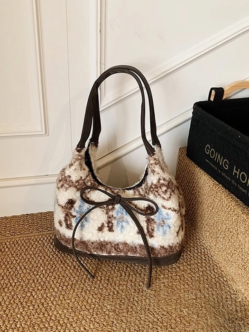 Vintage Plush Tote Bag Women Large Capacity PU Leather Patchwork Shoulder Bag With Bowknot Decoration For Daily Commute