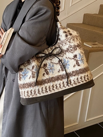 Vintage Plush Tote Bag Women Large Capacity PU Leather Patchwork Shoulder Bag With Bowknot Decoration For Daily Commute
