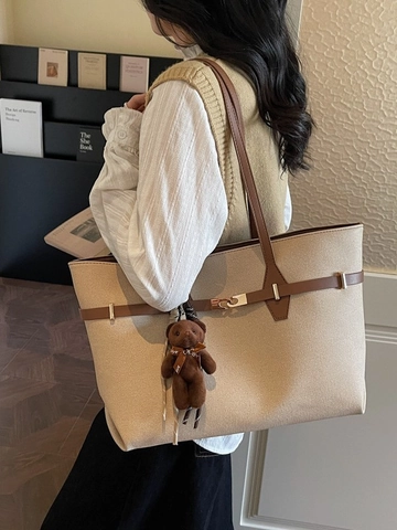 Sac Fourre-Tout Vintage en Cuir PU de Grande Capacité Pour Femmes Sac à Bandoulière Minimaliste Avec Pendentif Ours en Peluche