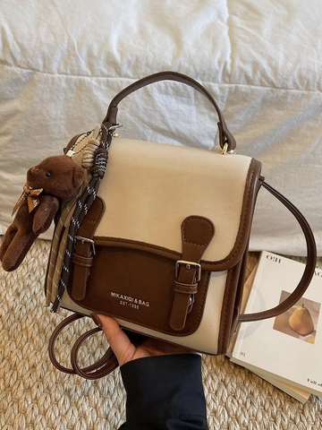 Vintage Color Block Dames Rugzak PU Leer Preppy Stijl Multifunctionele Schoudertas Met Pluche Beer Hanger Woon-werk Handtas