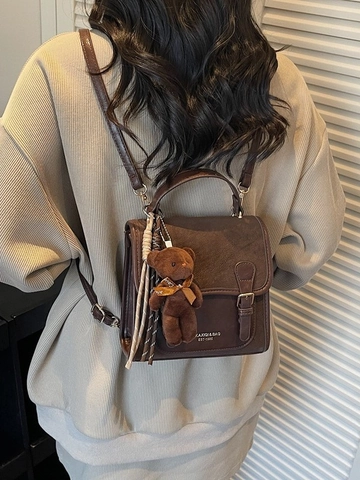 Vintage Color Block Dames Rugzak PU Leer Preppy Stijl Multifunctionele Schoudertas Met Pluche Beer Hanger Woon-werk Handtas