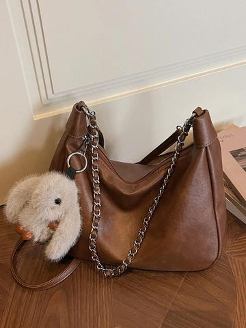 Retro PU Leder Hobo Achseltasche Für Damen Große Kapazität Schultertasche Mit Kettenverzierung Und Plüsch Hasenanhänger