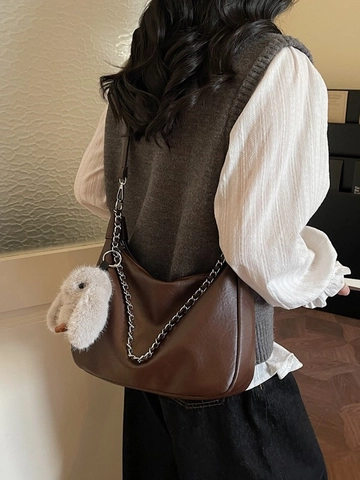 Retro PU Leder Hobo Achseltasche Für Damen Große Kapazität Schultertasche Mit Kettenverzierung Und Plüsch Hasenanhänger