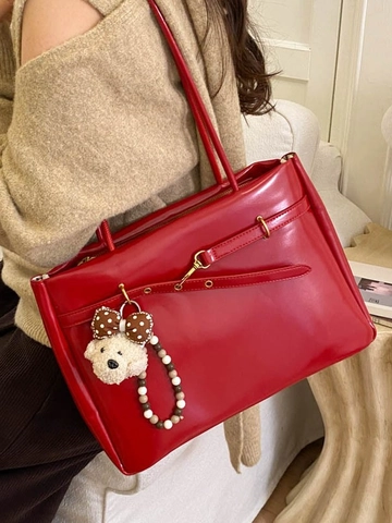 Vintage Glänzendes PU Leder Tote Bag Große Kapazität Unterarm Schultertasche Damen Retro Lässig Handtasche Mit Plüsch Anhänger