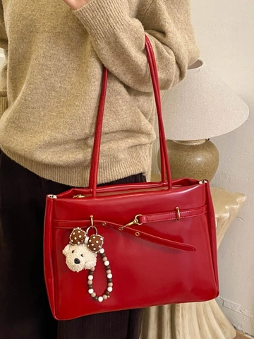 Vintage Glänzendes PU Leder Tote Bag Große Kapazität Unterarm Schultertasche Damen Retro Lässig Handtasche Mit Plüsch Anhänger