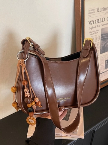 Retro PU Leather Hobo Underarm Bag For Women Fashionable Shoulder Handbag With Wood Beads Charm Vintage Solid Color Purse